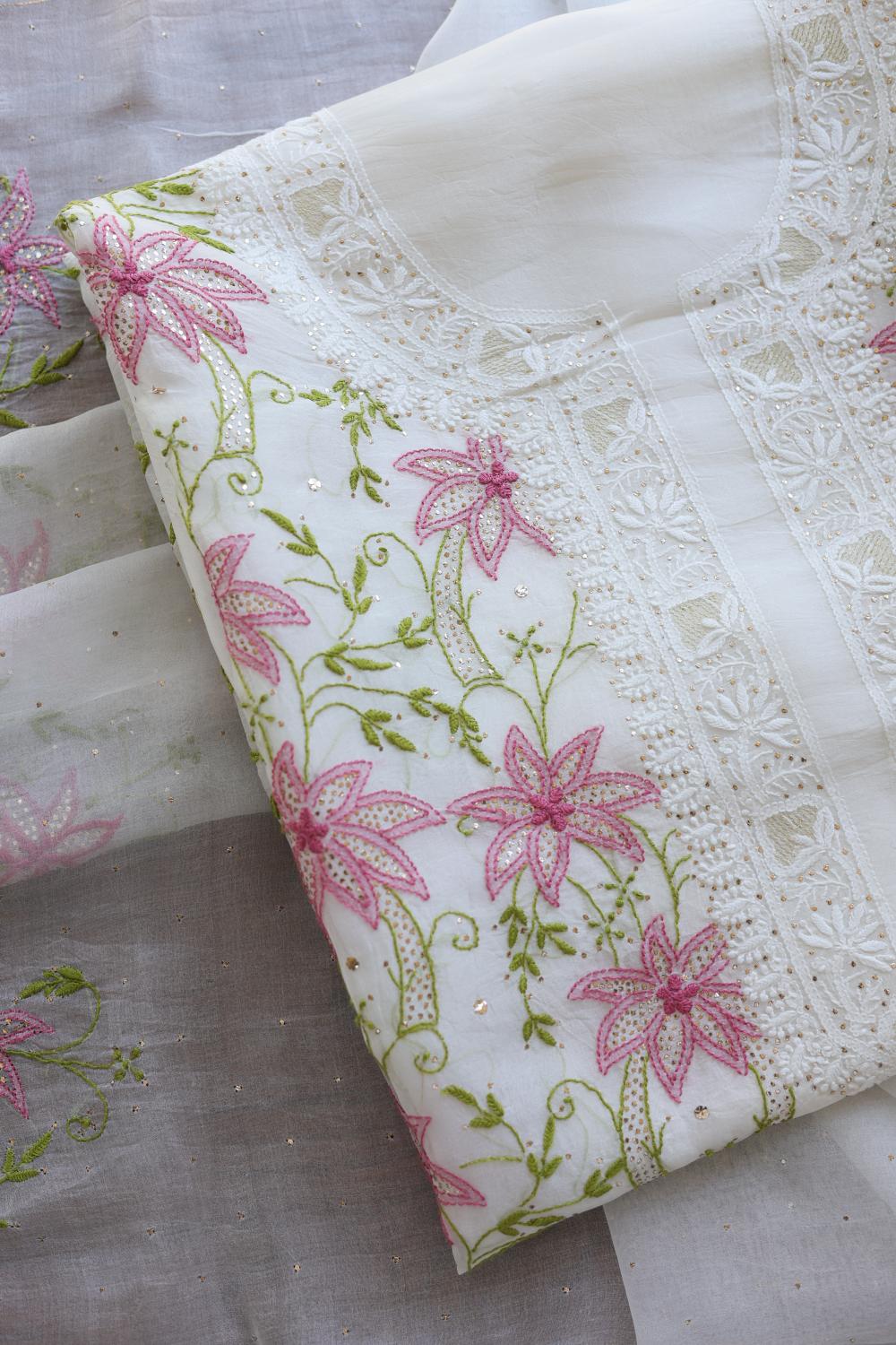 Noor Organza Silk Chikankari With Mukaish Work Fabric