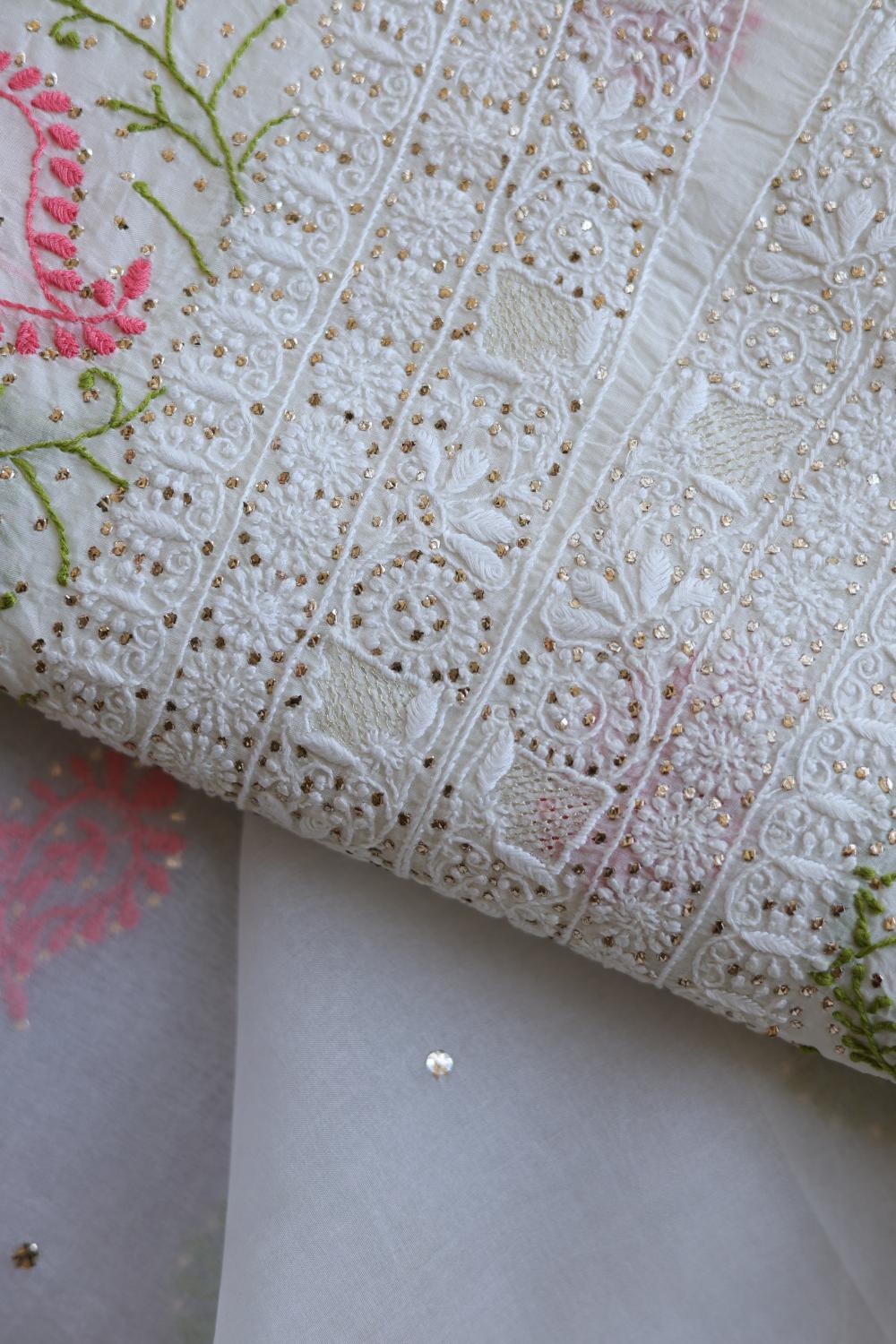 White Noor Organza Silk Chikankari With Mukaish Kamdani Unstitched Fabric