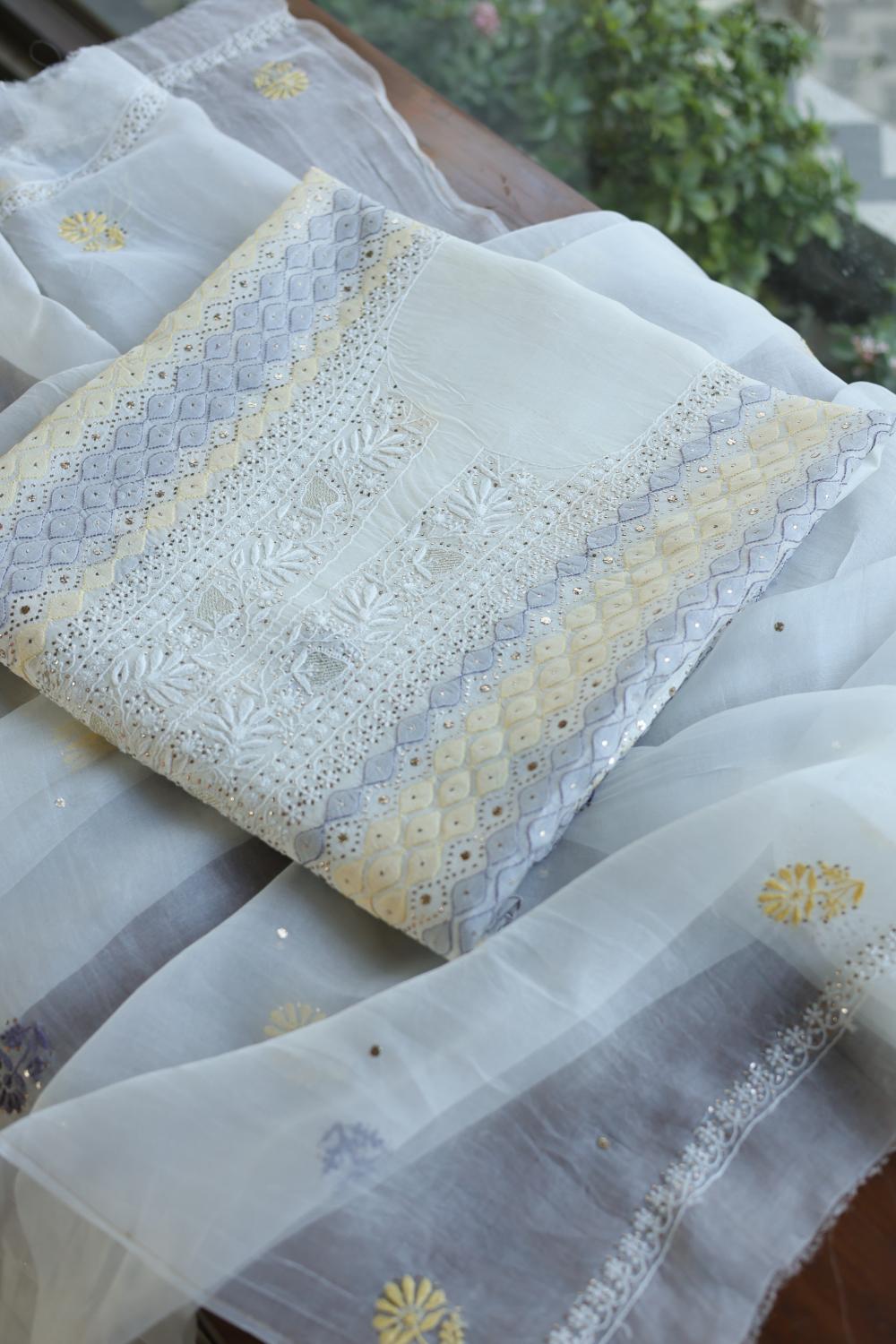 Noor Organza Silk Chikankari With Mukaish Kamdani Fabrics