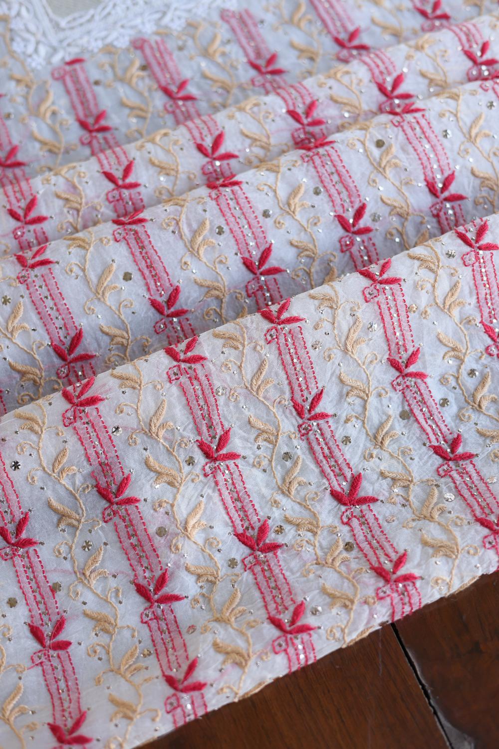 White & Red Noor Organza Silk Chikankari With Mukaish Kamdani Fabric