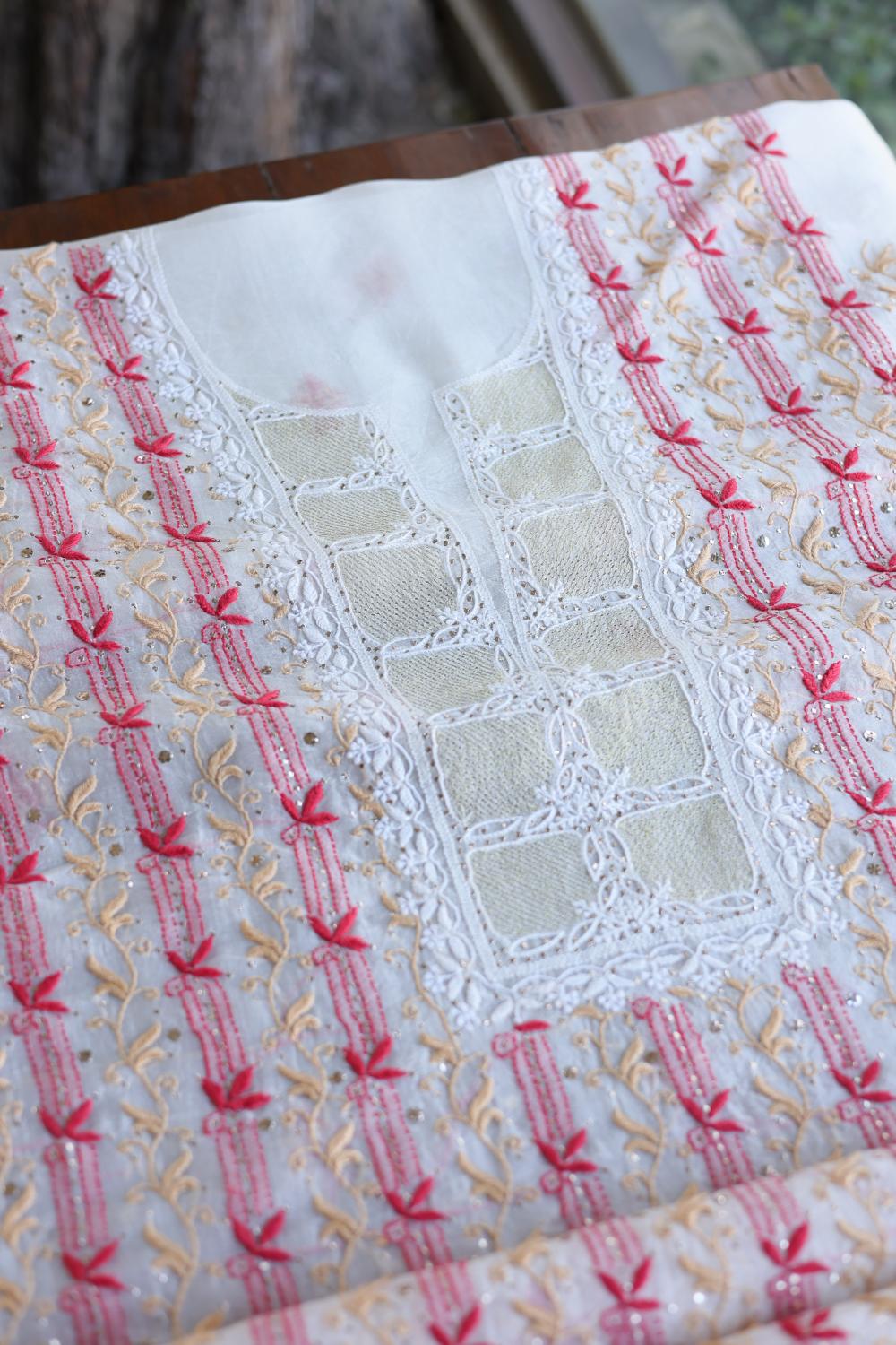 White & Red Noor Organza Silk Chikankari With Mukaish Kamdani Fabric