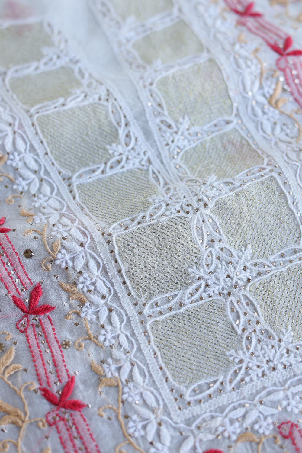 White & Red Noor Organza Silk Chikankari With Mukaish Kamdani Fabric