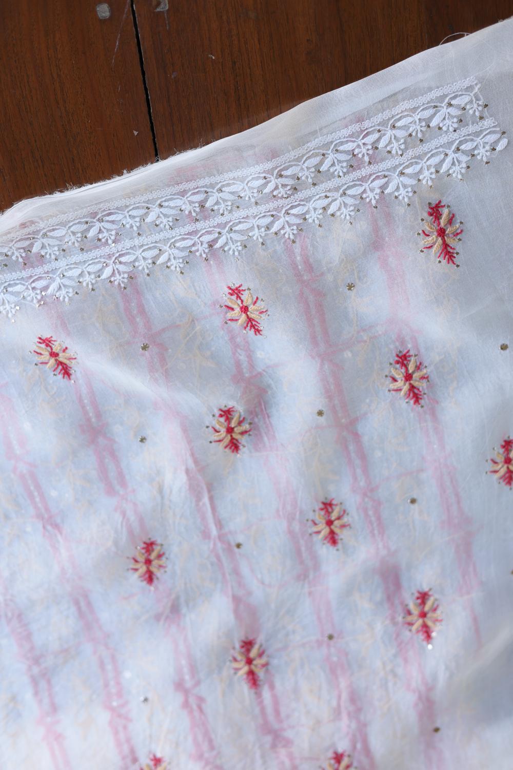 White & Red Noor Organza Silk Chikankari With Mukaish Kamdani Fabric
