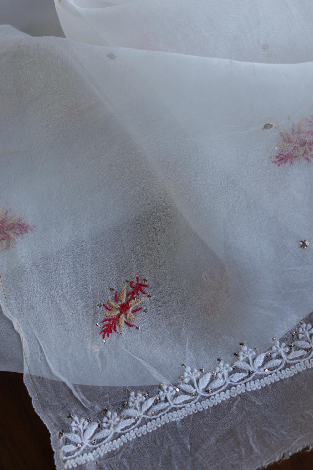 White & Red Noor Organza Silk Chikankari With Mukaish Kamdani Fabric