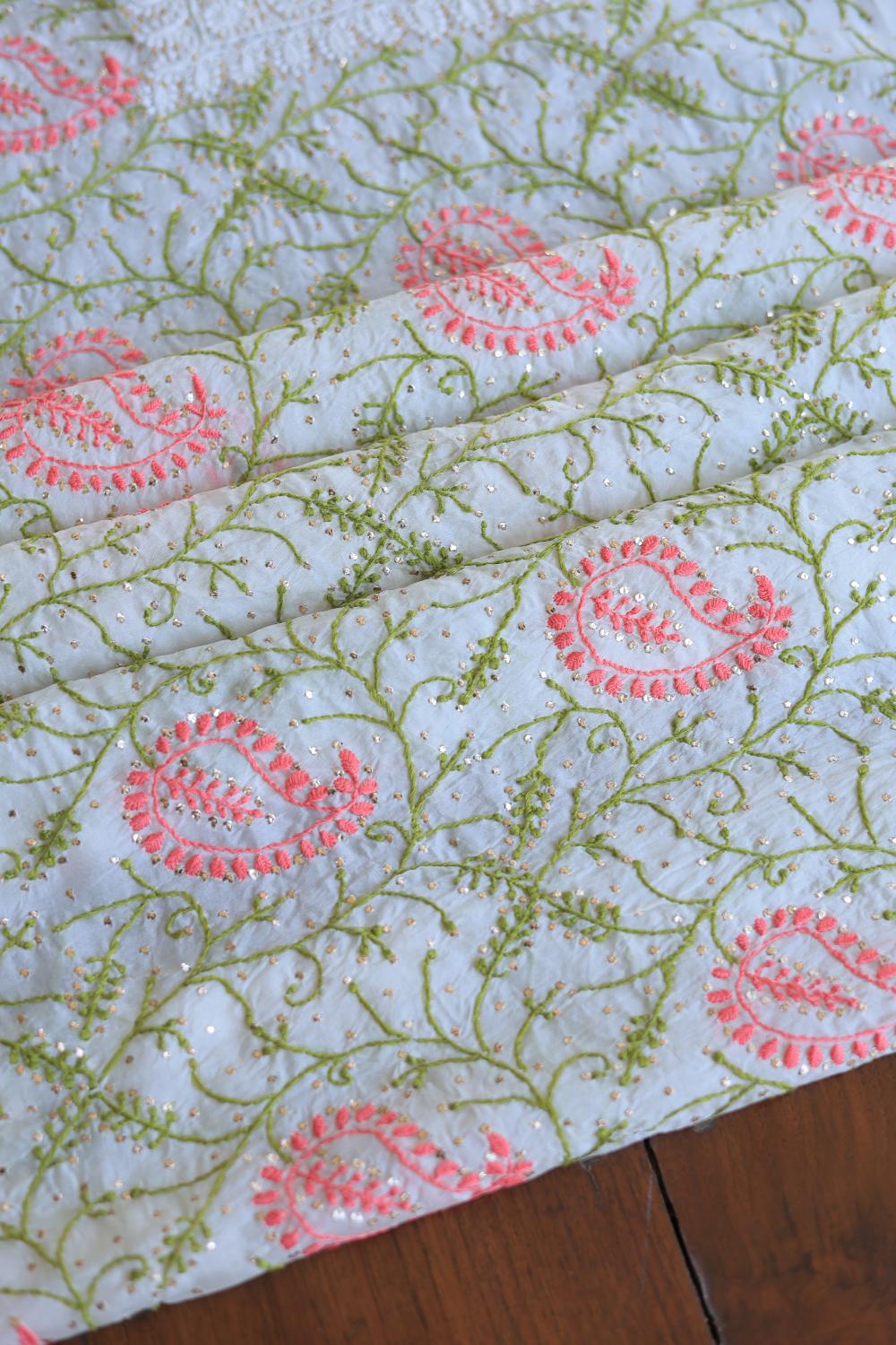 White Noor Organza Silk Chikankari With Mukaish Kamdani Unstitched Fabric