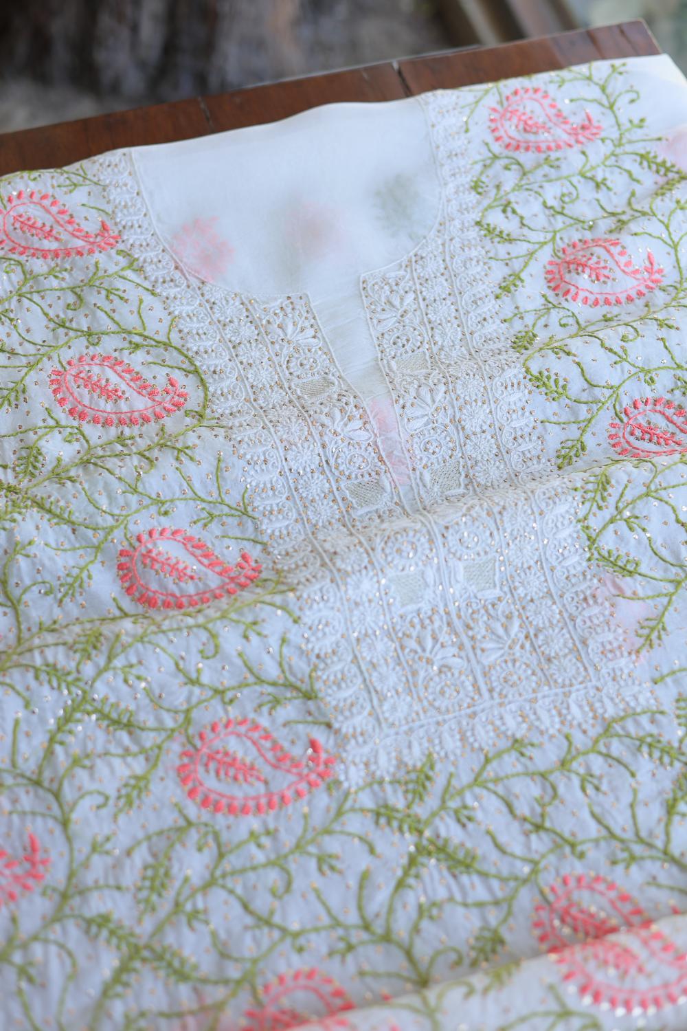 White Noor Organza Silk Chikankari With Mukaish Kamdani Unstitched Fabric