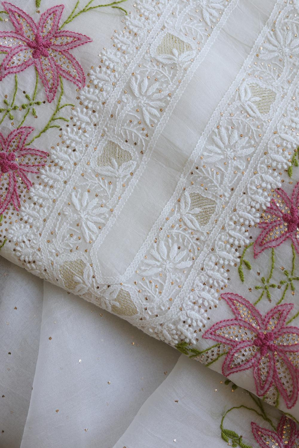 Noor Organza Silk Chikankari With Mukaish Work Fabric