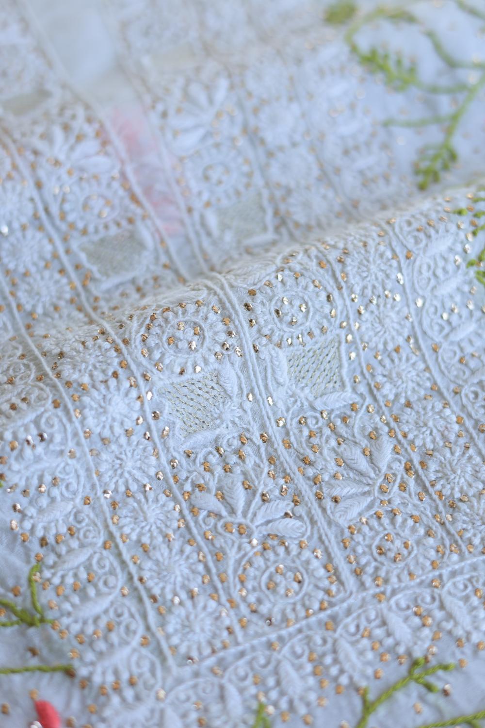 White Noor Organza Silk Chikankari With Mukaish Kamdani Unstitched Fabric