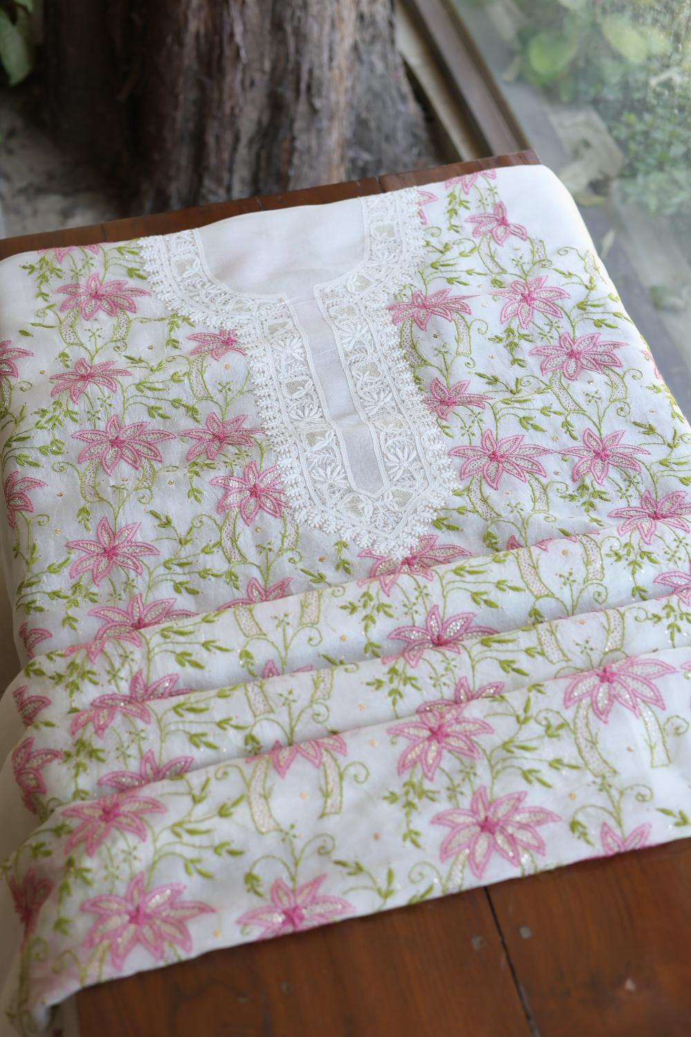 Noor Organza Silk Chikankari With Mukaish Work Fabric
