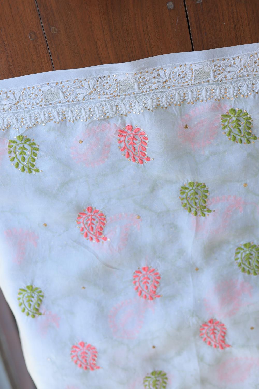 White Noor Organza Silk Chikankari With Mukaish Kamdani Unstitched Fabric