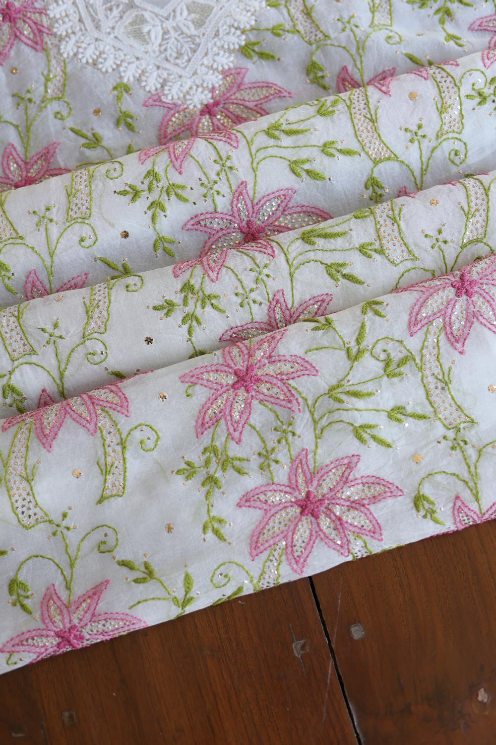 Noor Organza Silk Chikankari With Mukaish Work Fabric