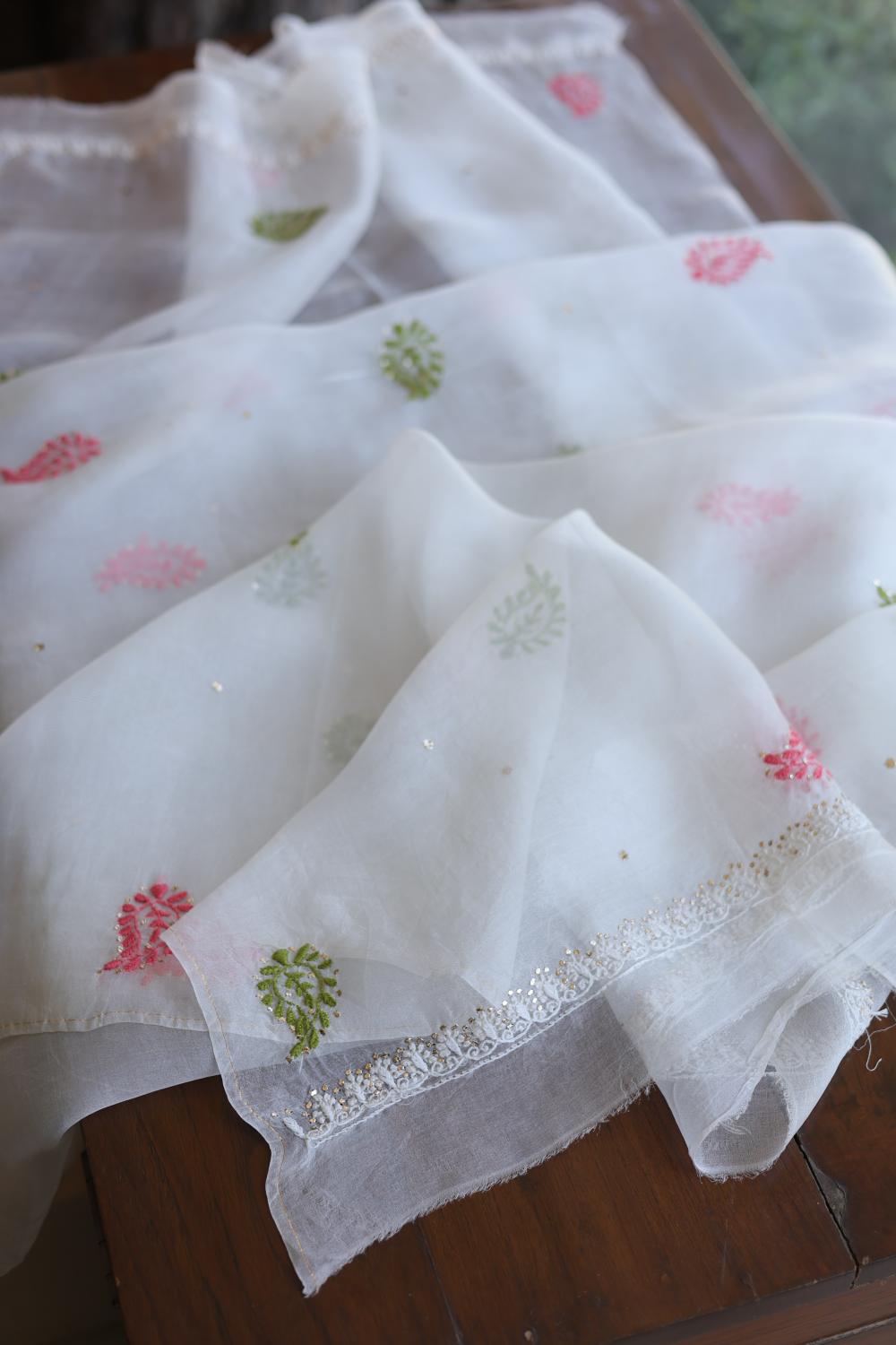 White Noor Organza Silk Chikankari With Mukaish Kamdani Unstitched Fabric