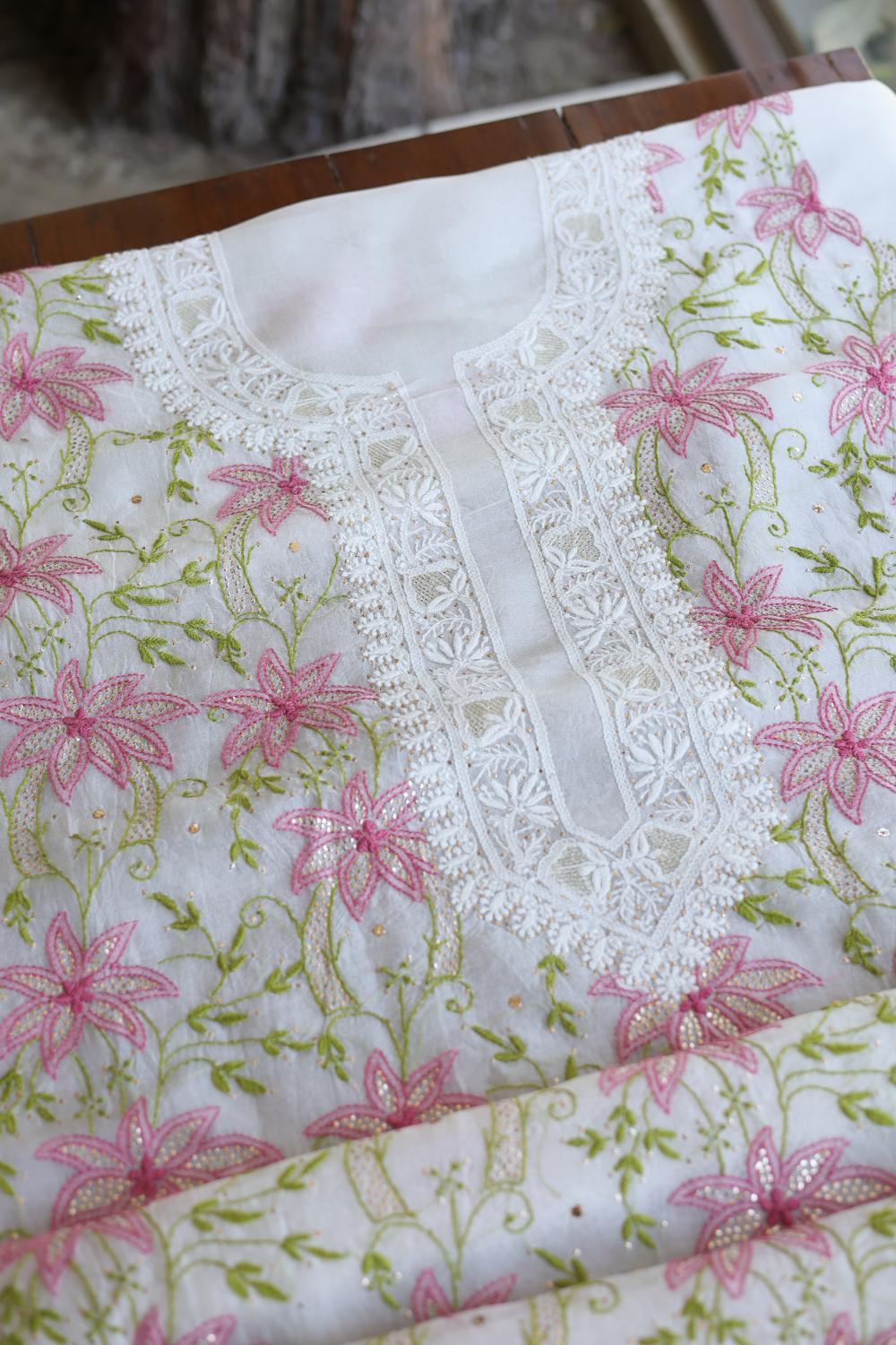 Noor Organza Silk Chikankari With Mukaish Work Fabric