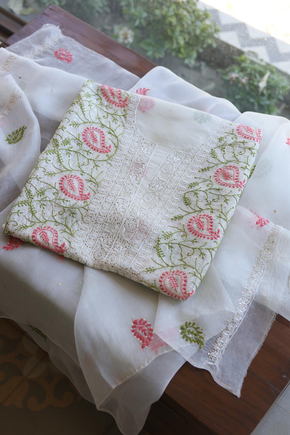 White Noor Organza Silk Chikankari With Mukaish Kamdani Unstitched Fabric