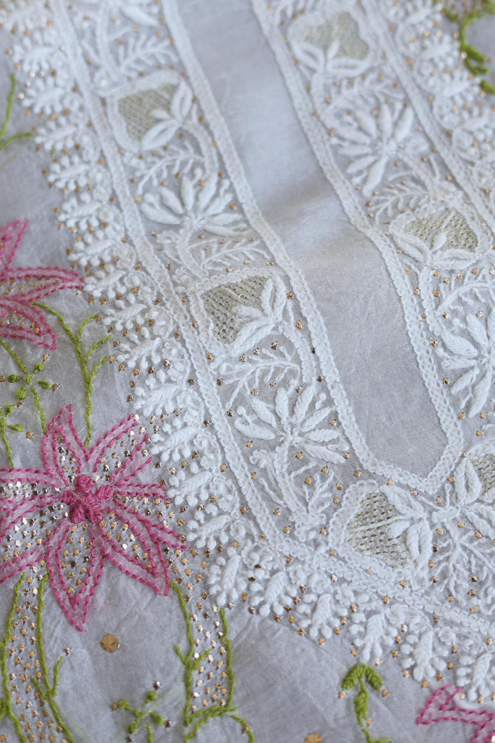 Noor Organza Silk Chikankari With Mukaish Work Fabric