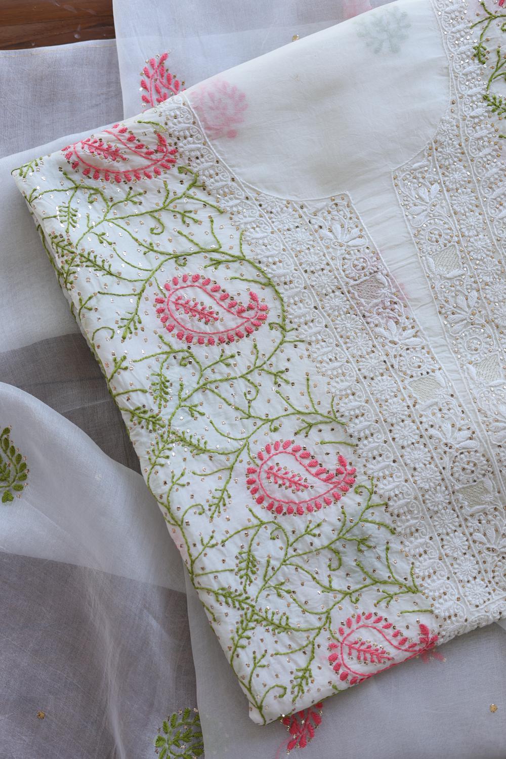 White Noor Organza Silk Chikankari With Mukaish Kamdani Unstitched Fabric