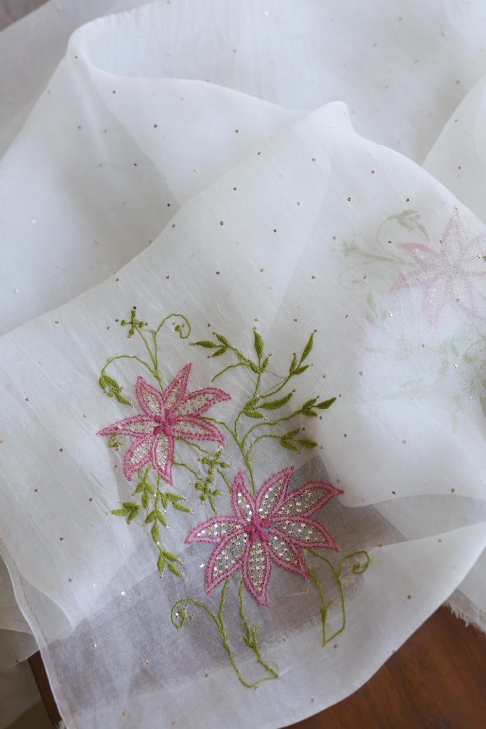 Noor Organza Silk Chikankari With Mukaish Work Fabric