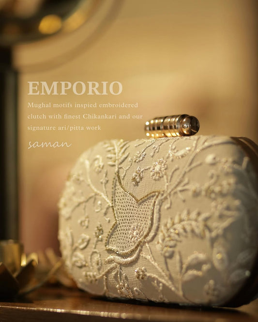 Off White Shade Chikankari With Ari Work Sling Clutch