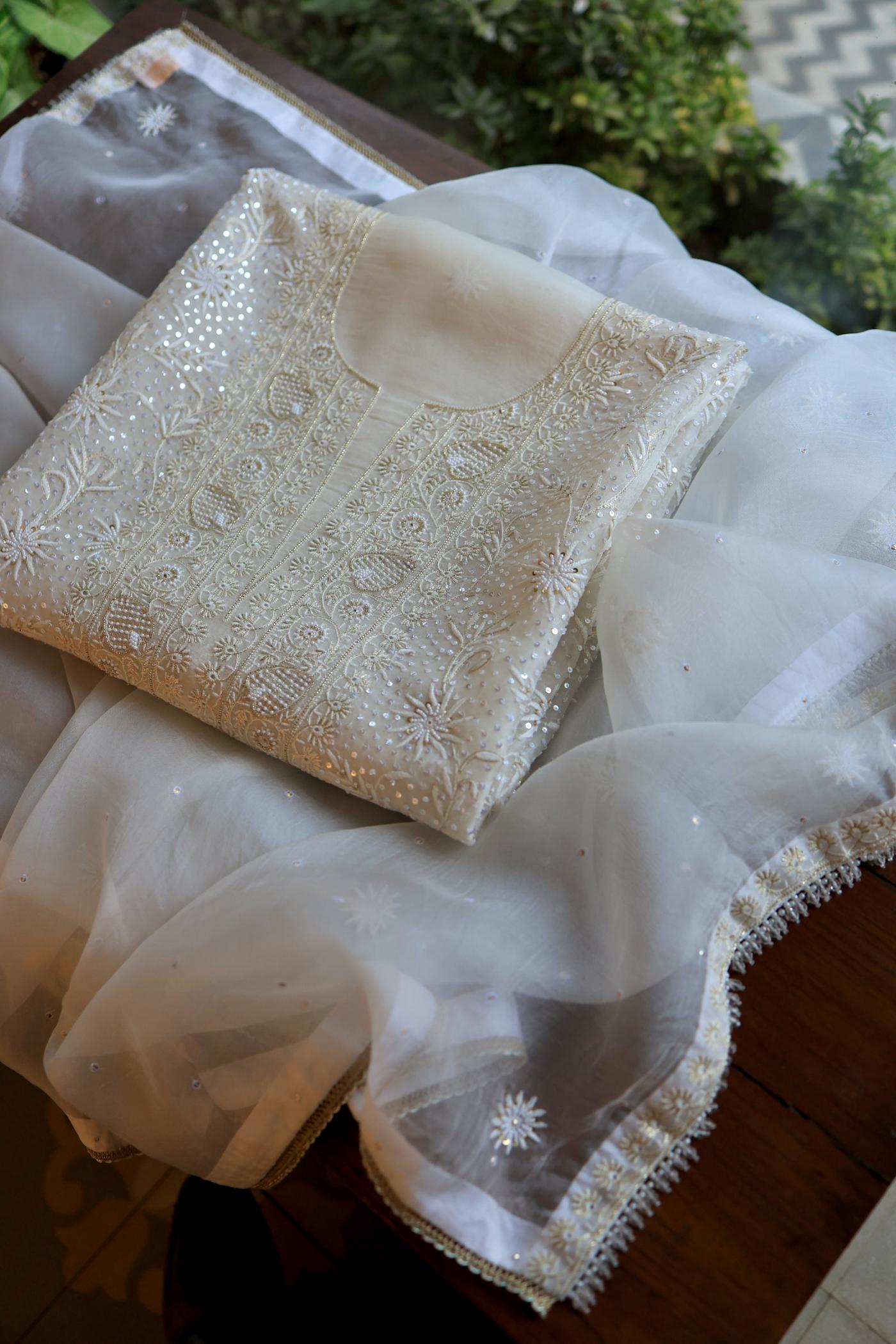 Lemon Shade Noor Banarasi Organza Chikankari Unstitched Fabric