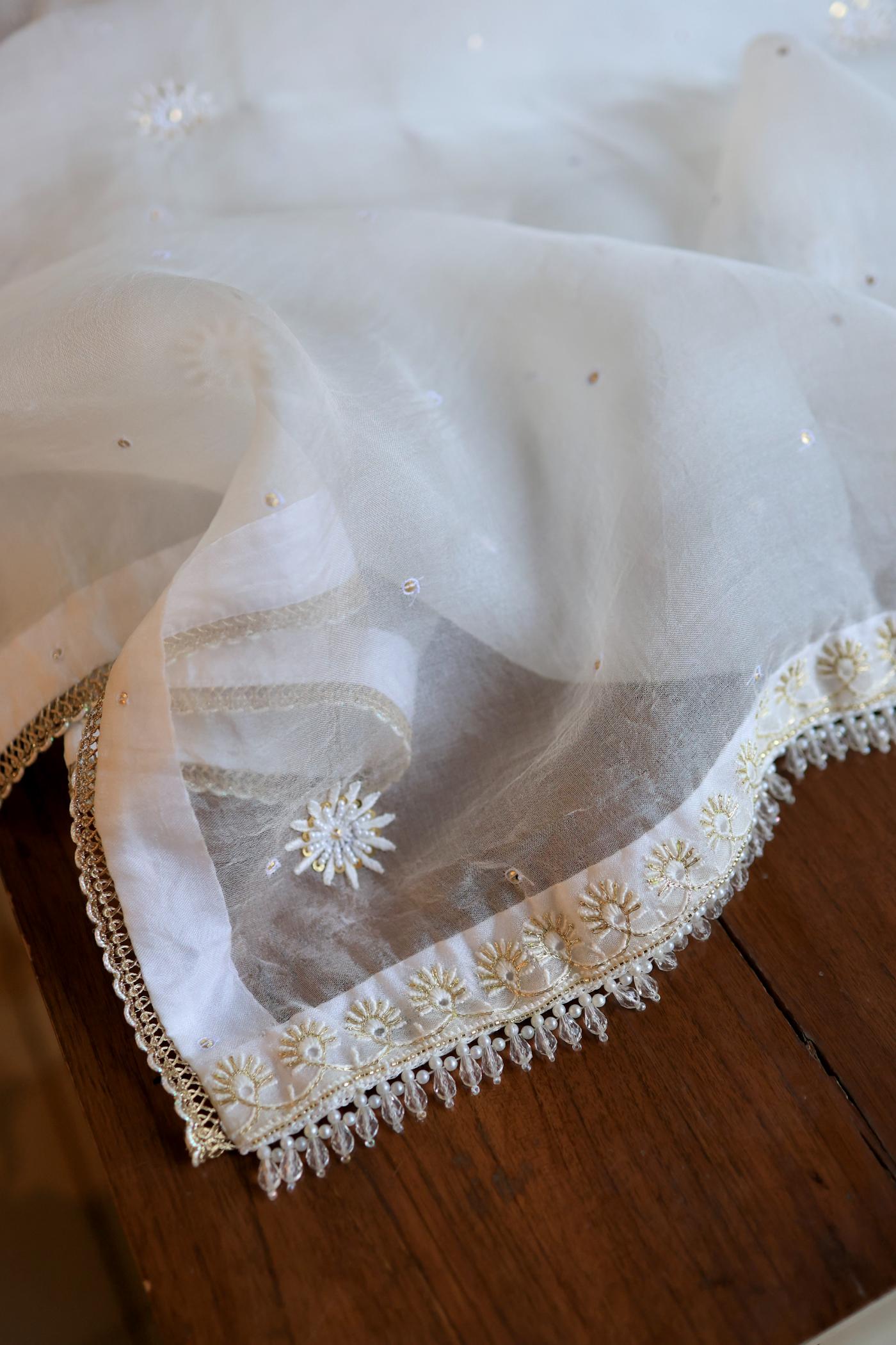 Off White Noor Organza Banarasi Silk Chikankari Unstitched Kurta Dupatta Set