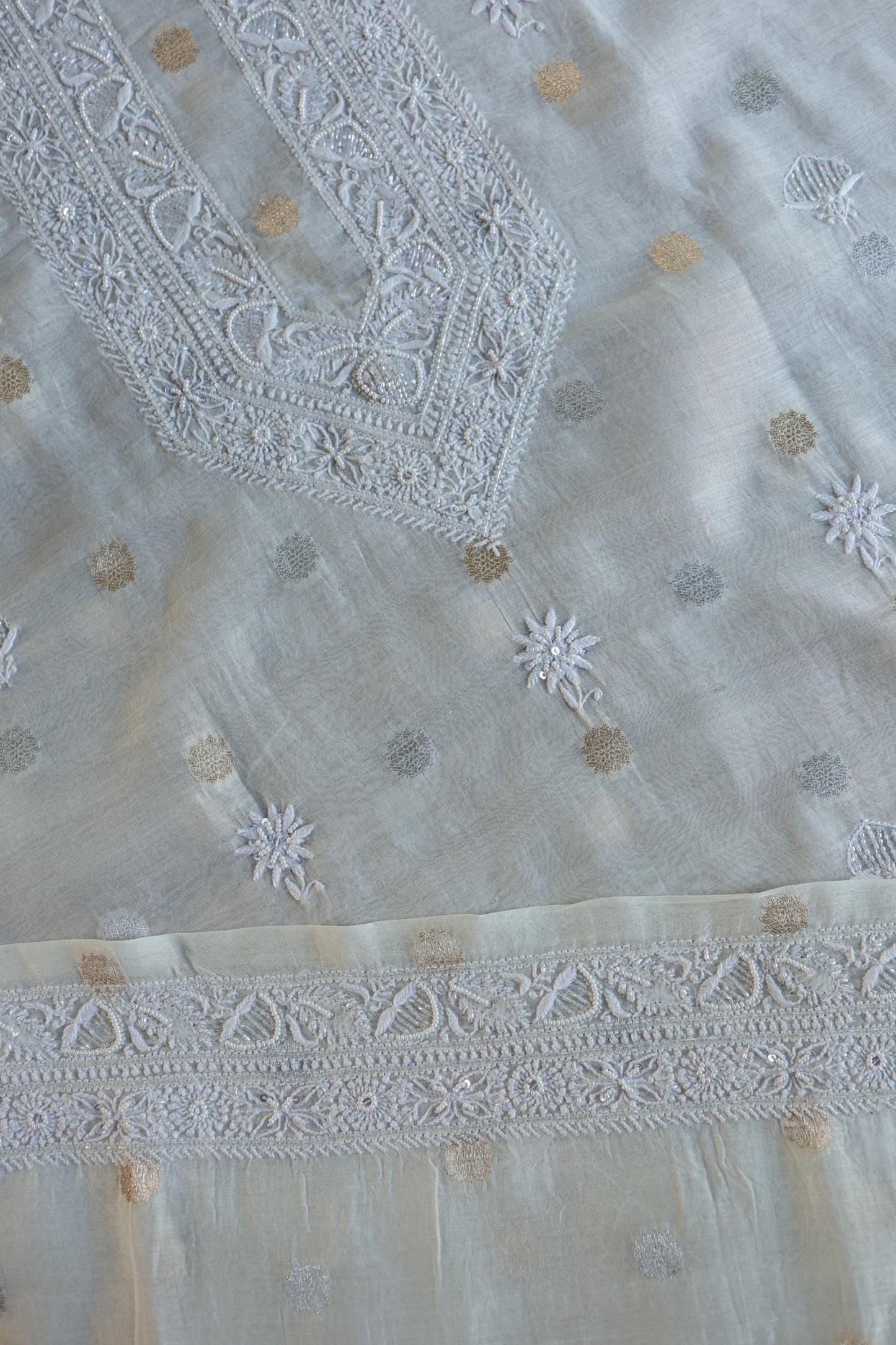 Off White Zari Chanderi Unisex Chikankari Unstitched Men’s Kurta Fabric