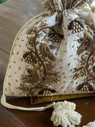 Off White & Gold Raw Silk Zardosi Polti Bags