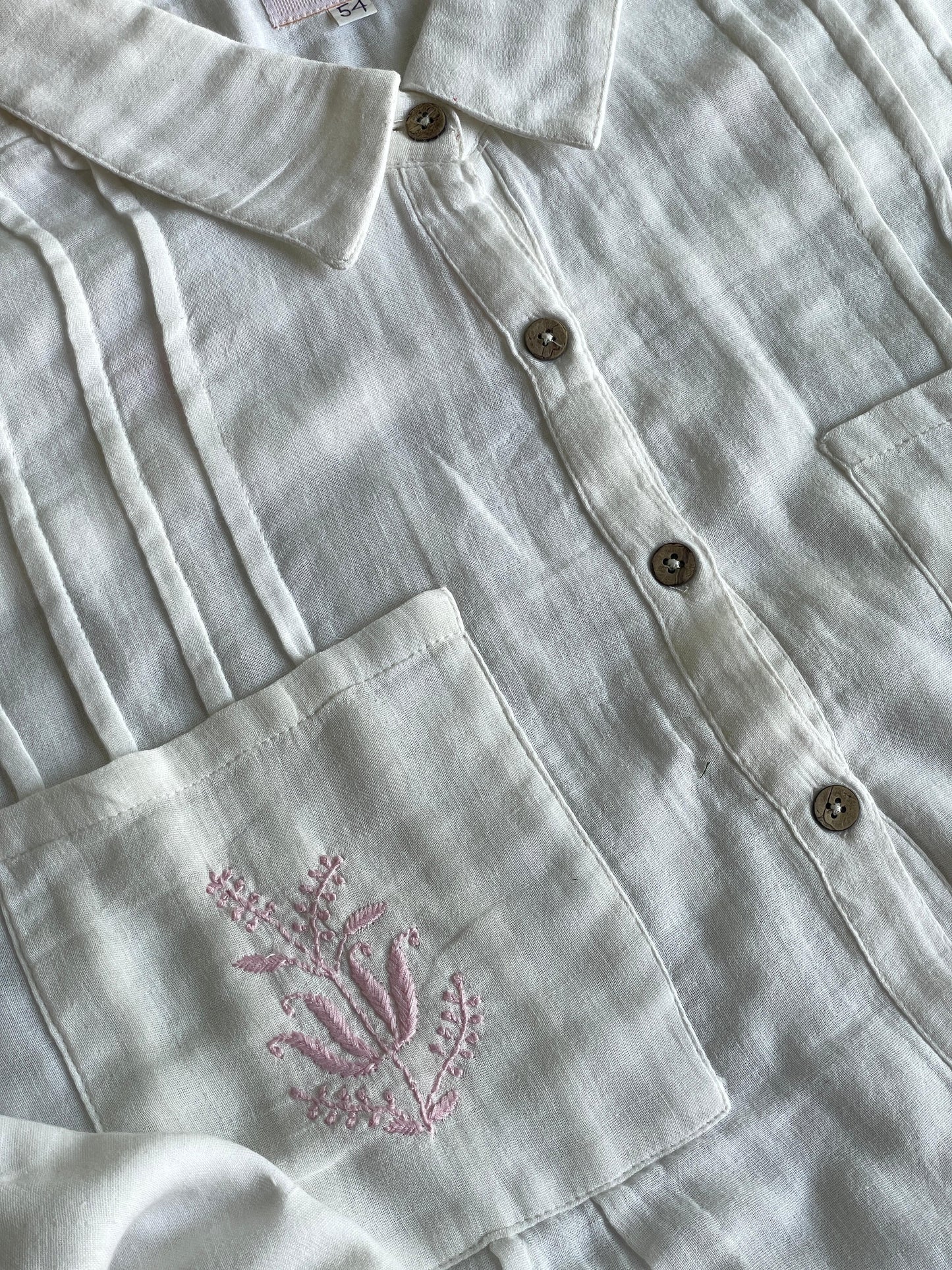 Off White & Pink Embroidered Malmal Shirt