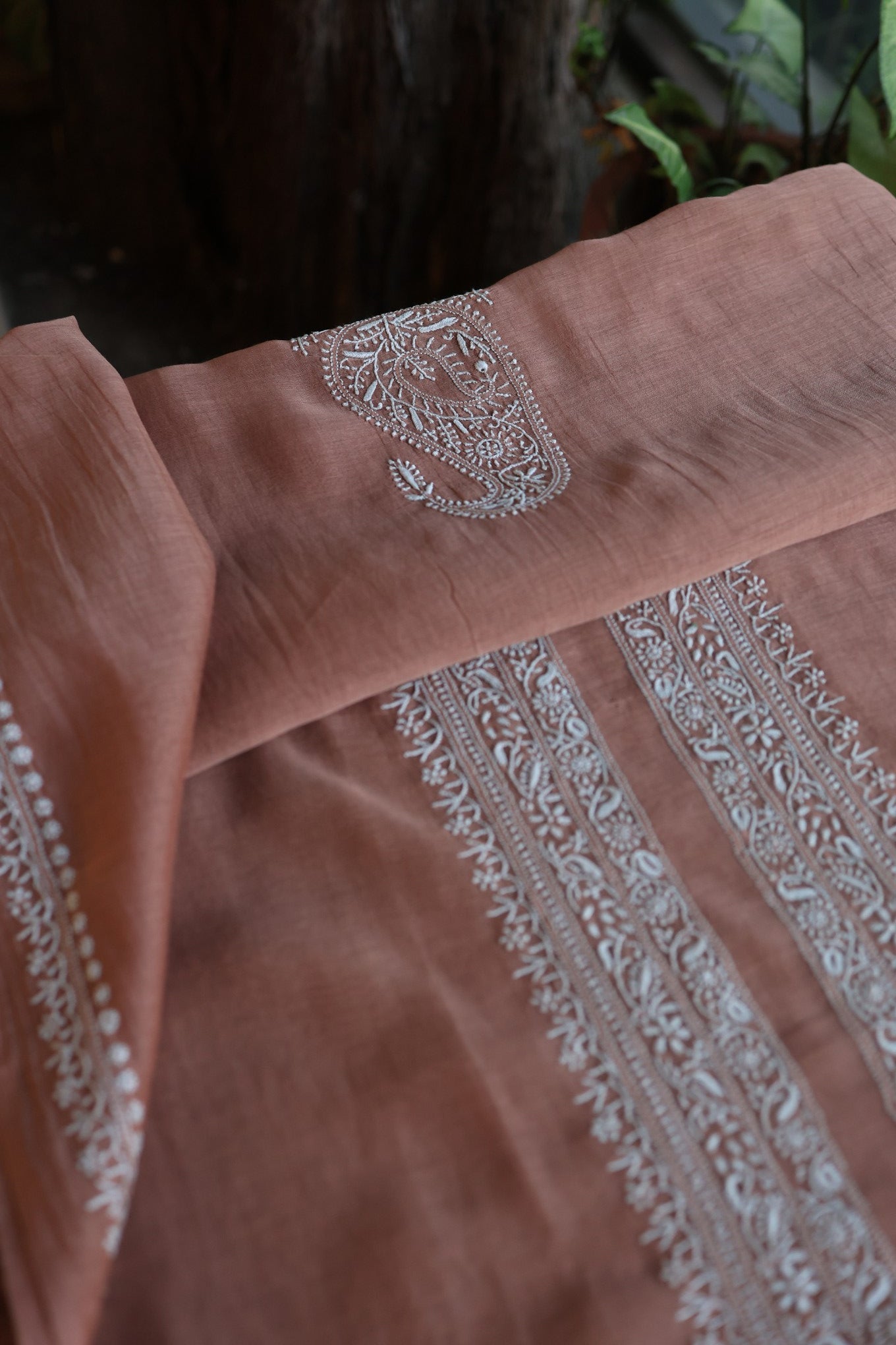 Old Copper Shade Mulmul Chikankari Unstitched Men's Kurtas Fabric