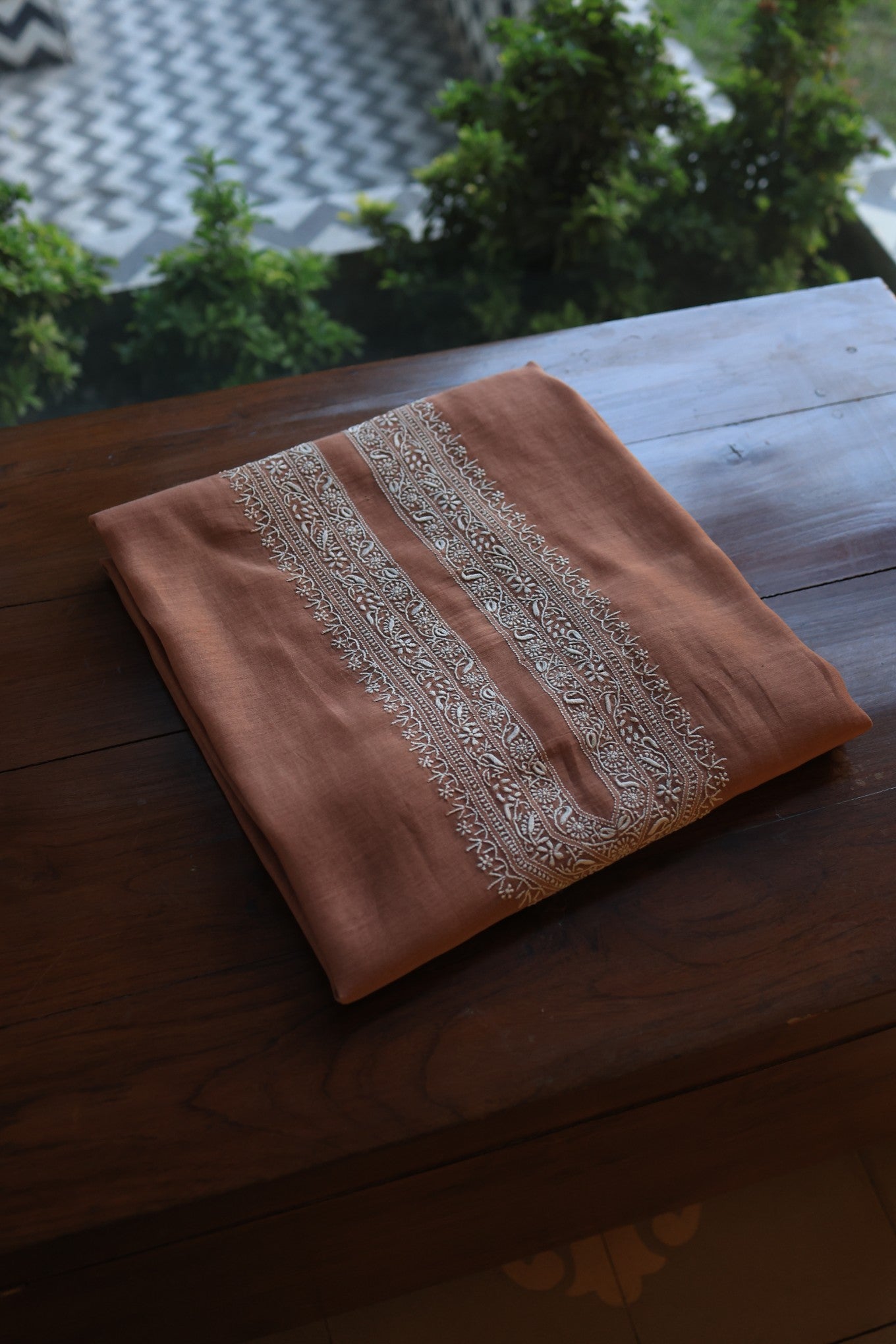 Old Copper Shade Mulmul Chikankari Unstitched Men's Kurtas Fabric