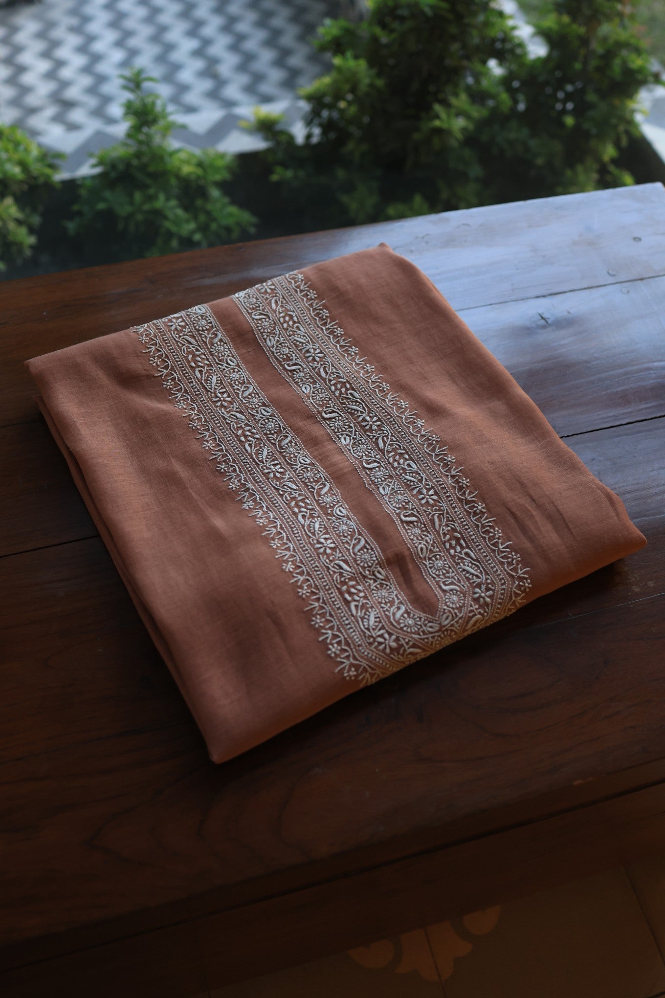 Old Copper Shade Mulmul Chikankari Unstitched Men's Kurtas Fabric