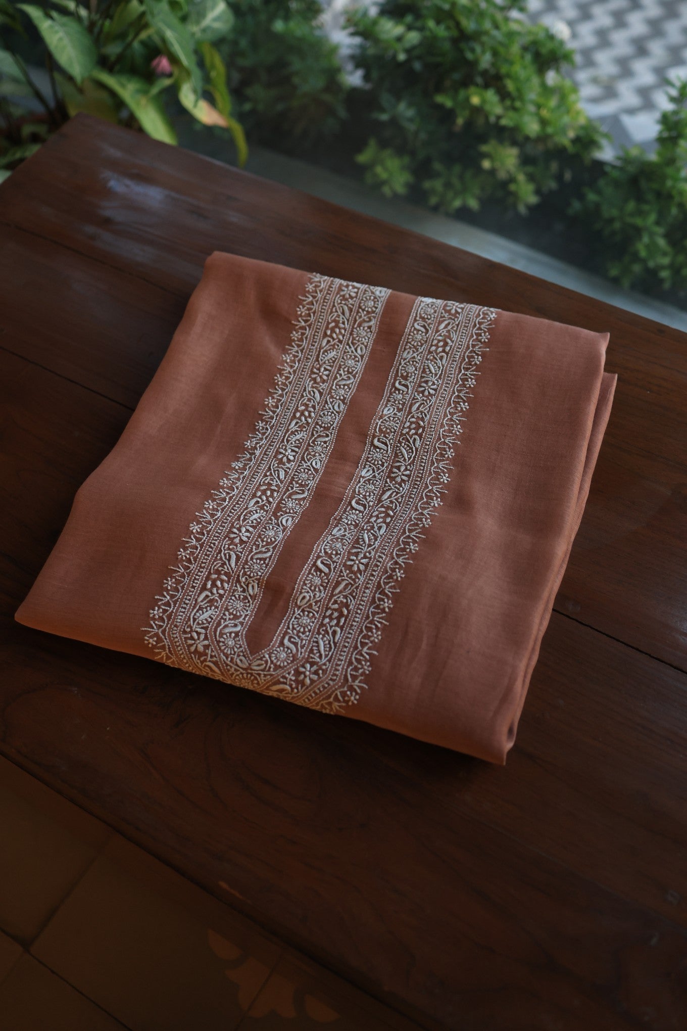 Old Copper Shade Mulmul Chikankari Unstitched Men's Kurtas Fabric