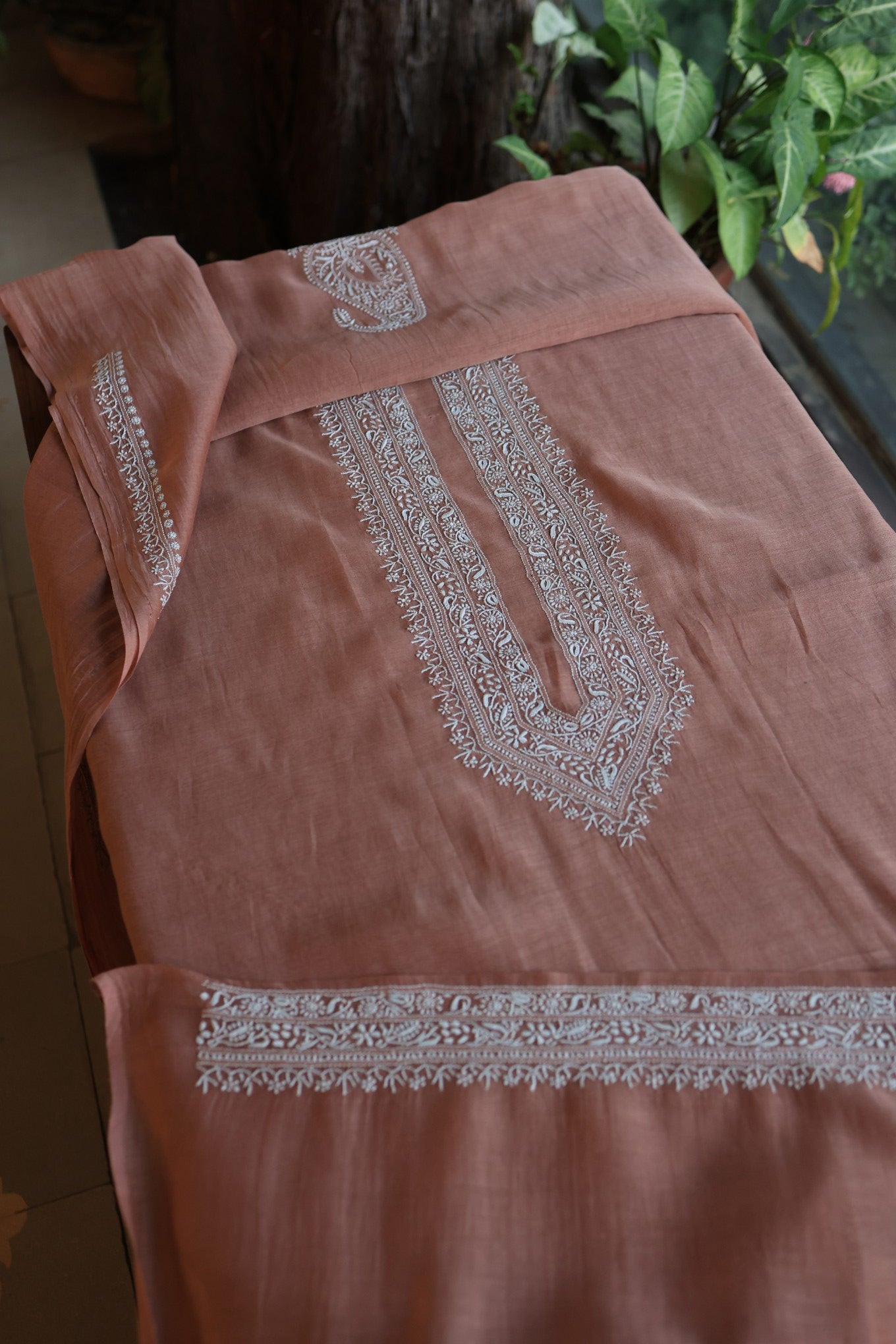 Old Copper Shade Mulmul Chikankari Unstitched Men's Kurtas Fabric