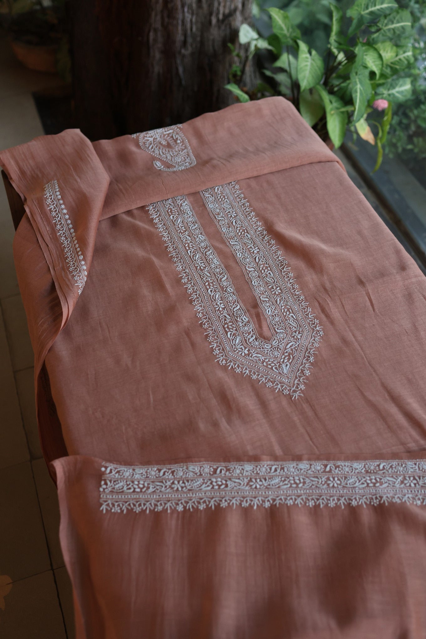 Old Copper Shade Mulmul Chikankari Unstitched Men's Kurtas Fabric