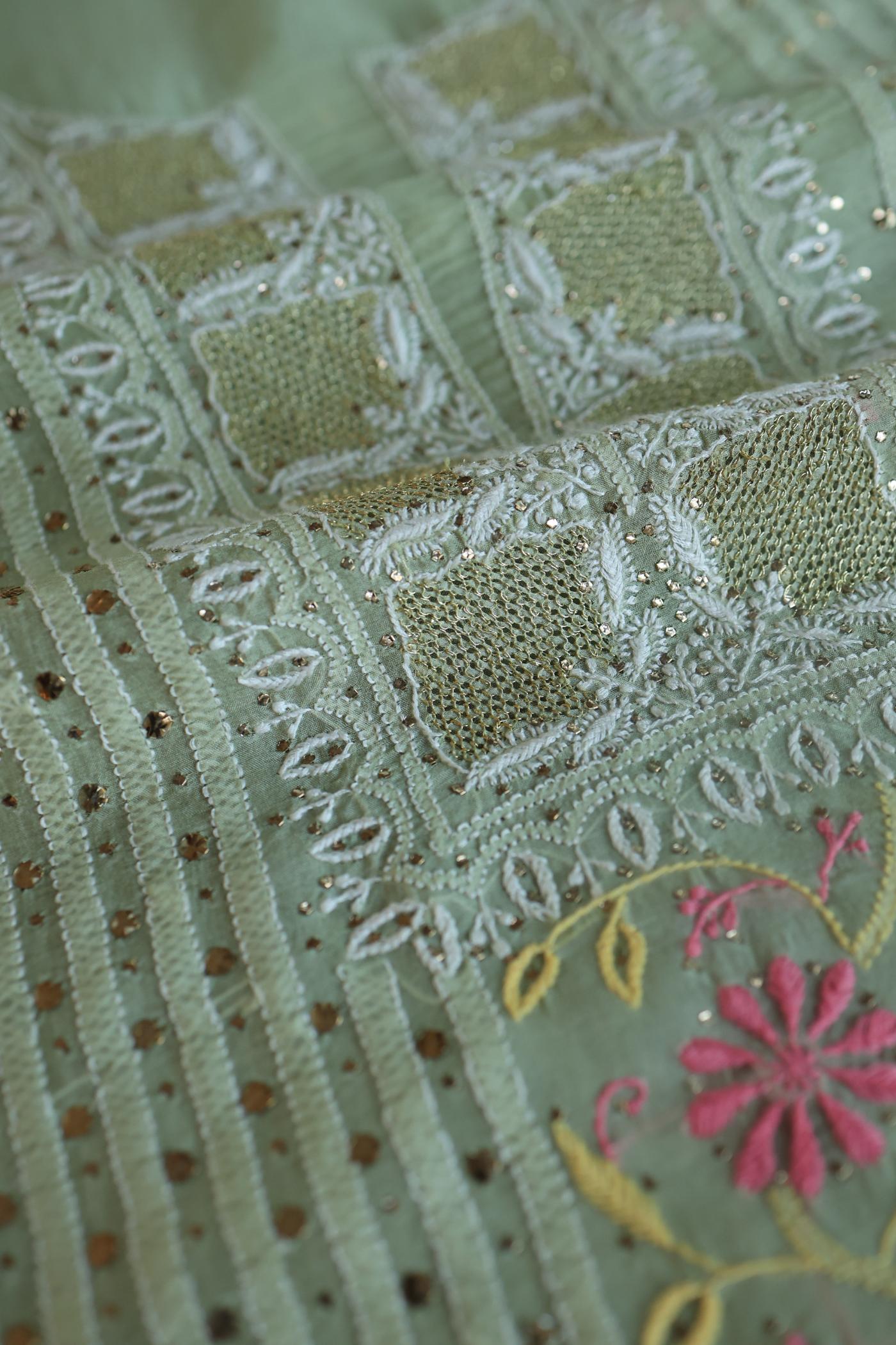 Olive Green Noor Organza Silk Chikankari With Mukaish Kamdani Fabric