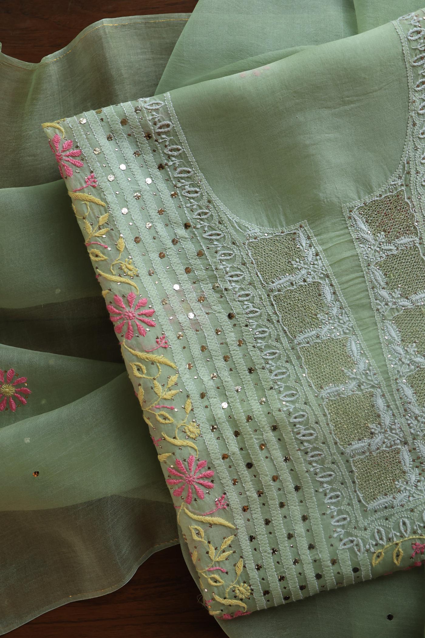 Olive Green Noor Organza Silk Chikankari With Mukaish Kamdani Fabric