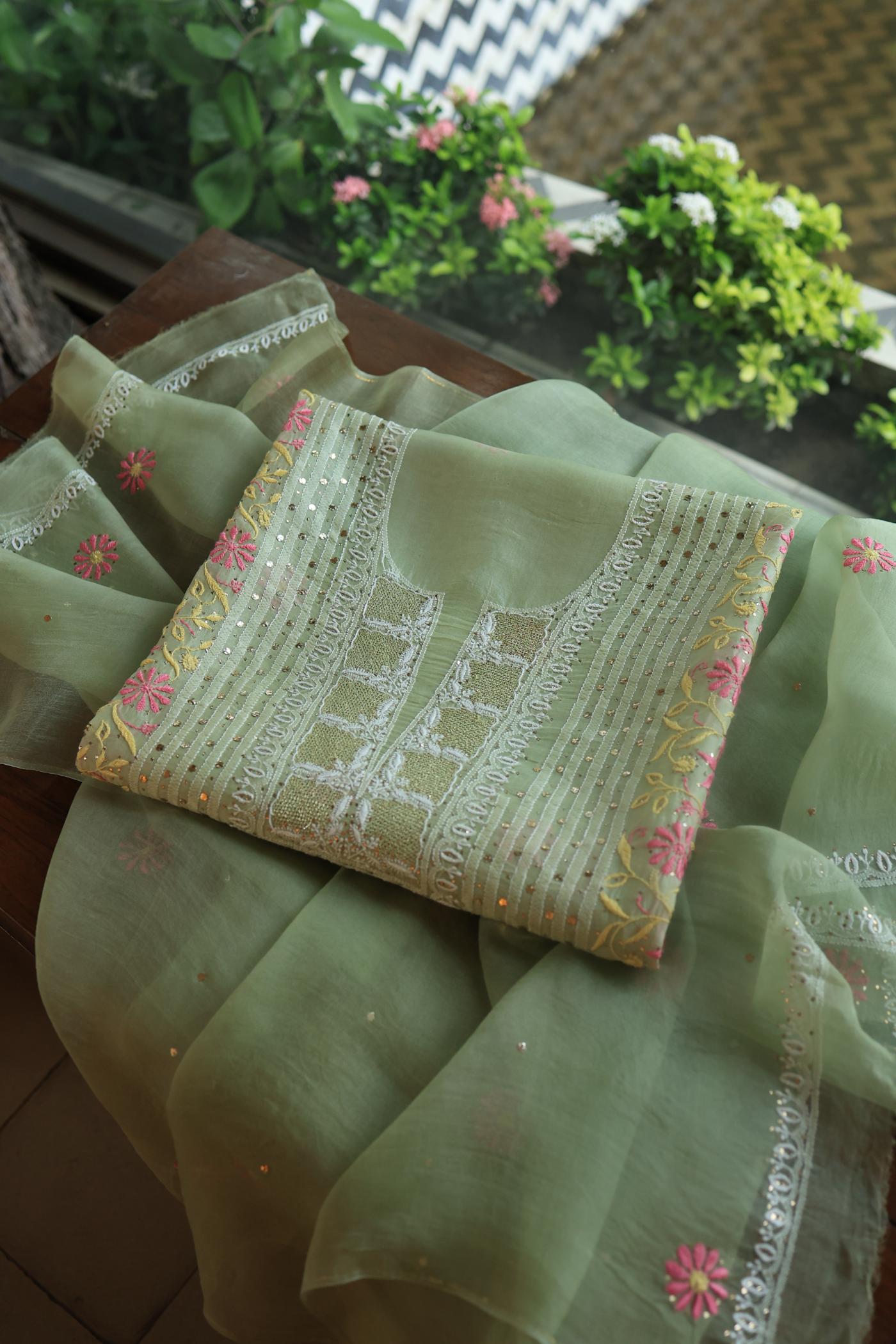 Olive Green Noor Organza Silk Chikankari With Mukaish Kamdani Fabric