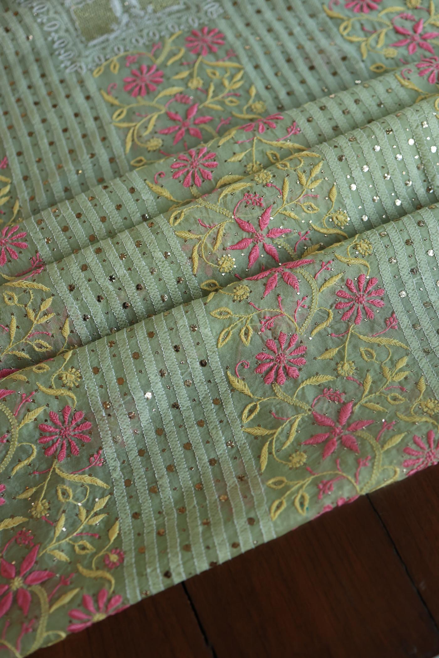 Olive Green Noor Organza Silk Chikankari With Mukaish Kamdani Fabric
