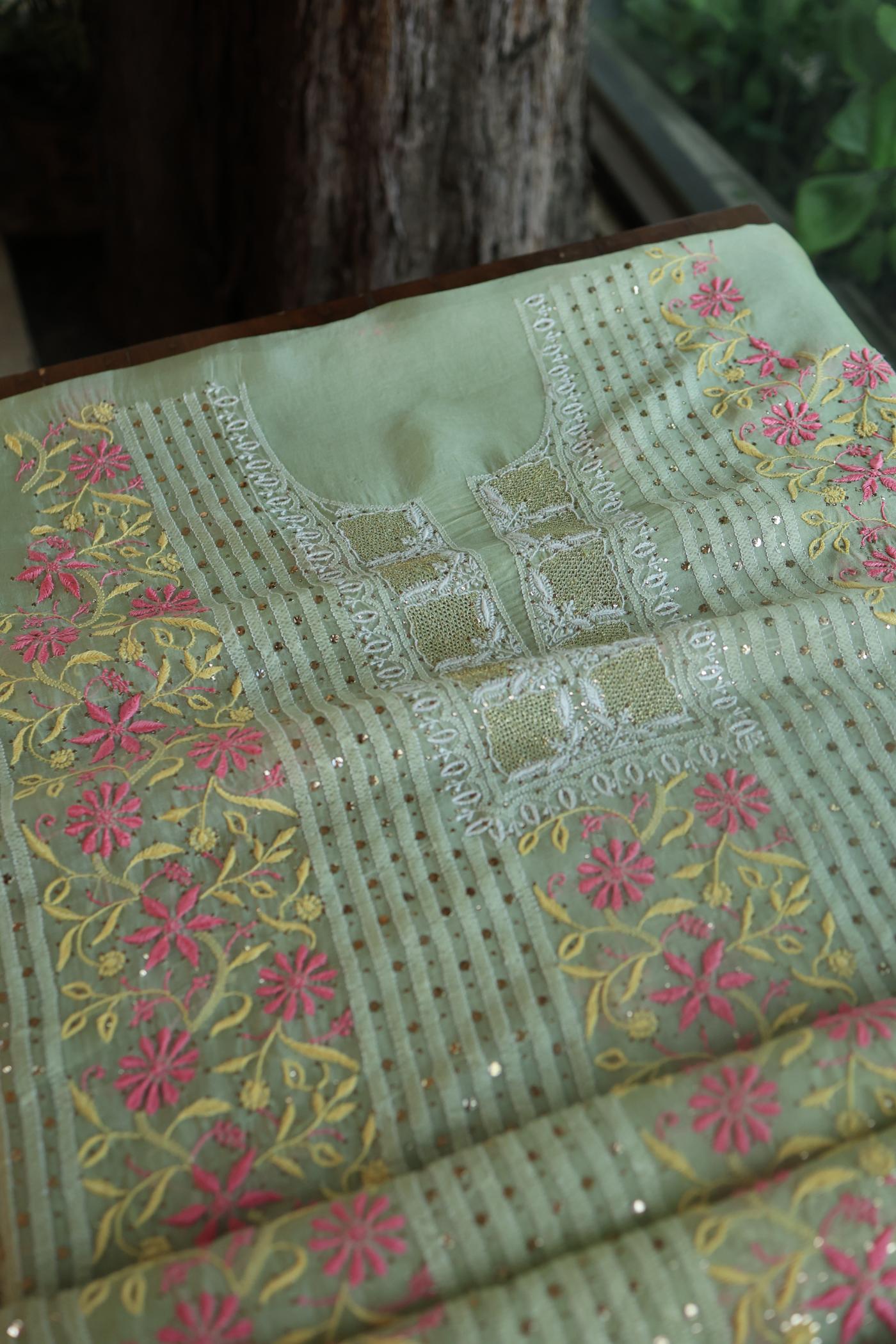 Olive Green Noor Organza Silk Chikankari With Mukaish Kamdani Fabric