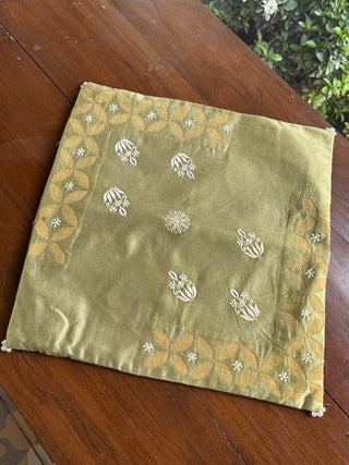 Olive Green Chanderi Cushion Cover with Floral Embroidery
