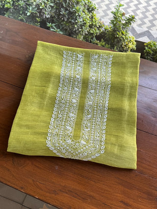 Olive Green Linen Chikankari Unstitched Men's Kurta Fabric