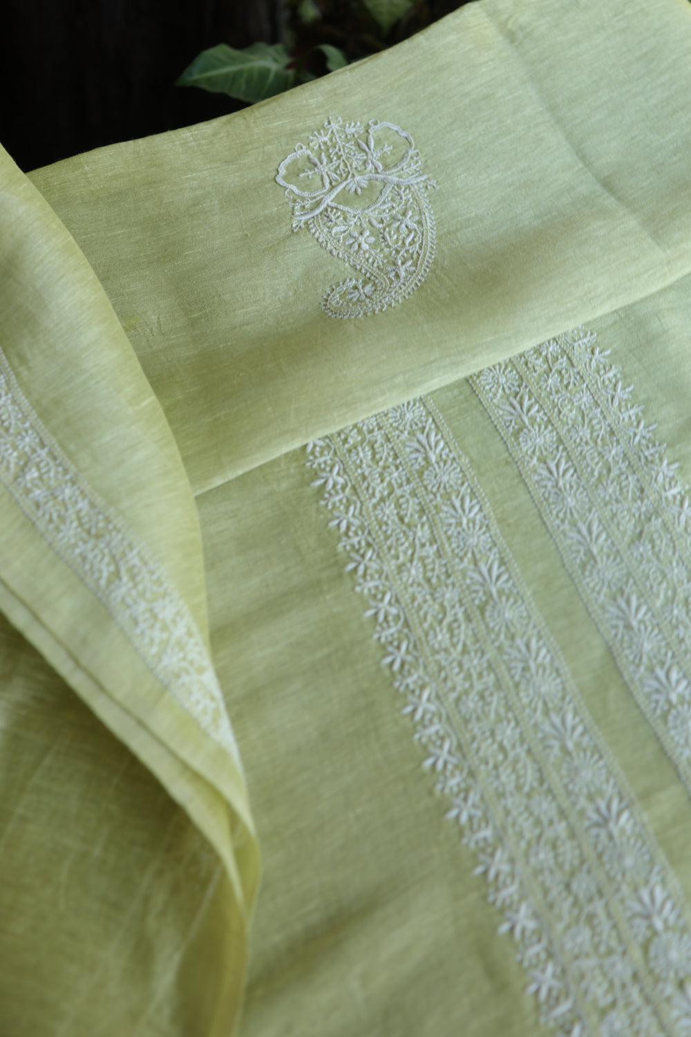 Olive Green Linen Chikankari Unstitched Men's Kurtas Fabric