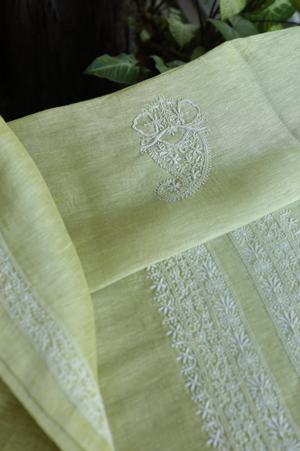 Olive Green Linen Chikankari Unstitched Men's Kurtas Fabric