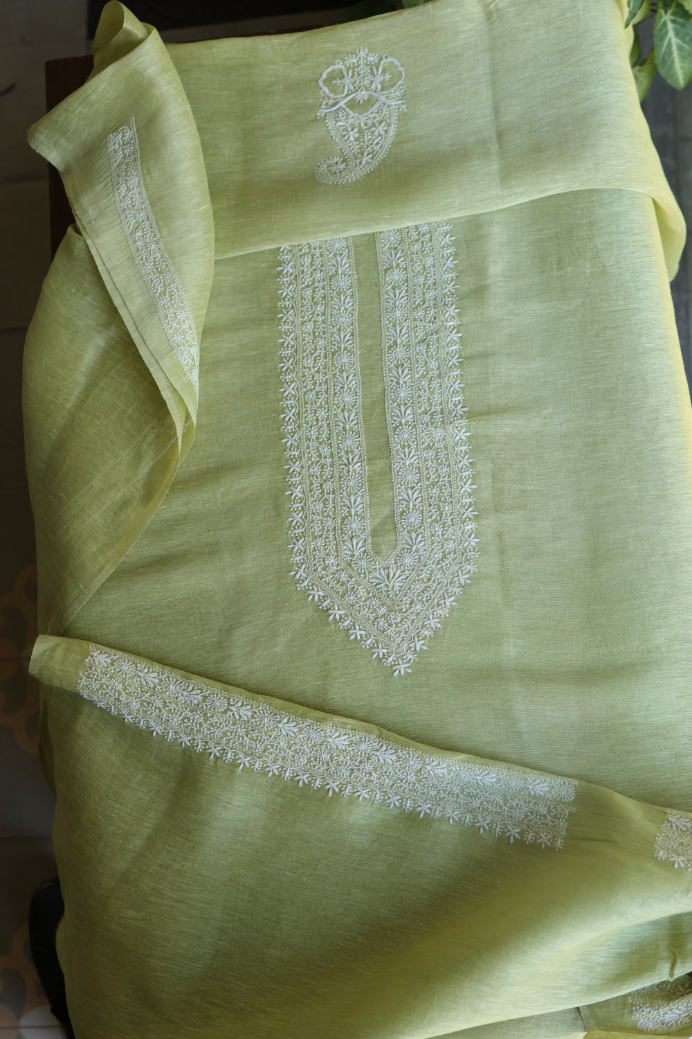 Olive Green Linen Chikankari Unstitched Men's Kurtas Fabric