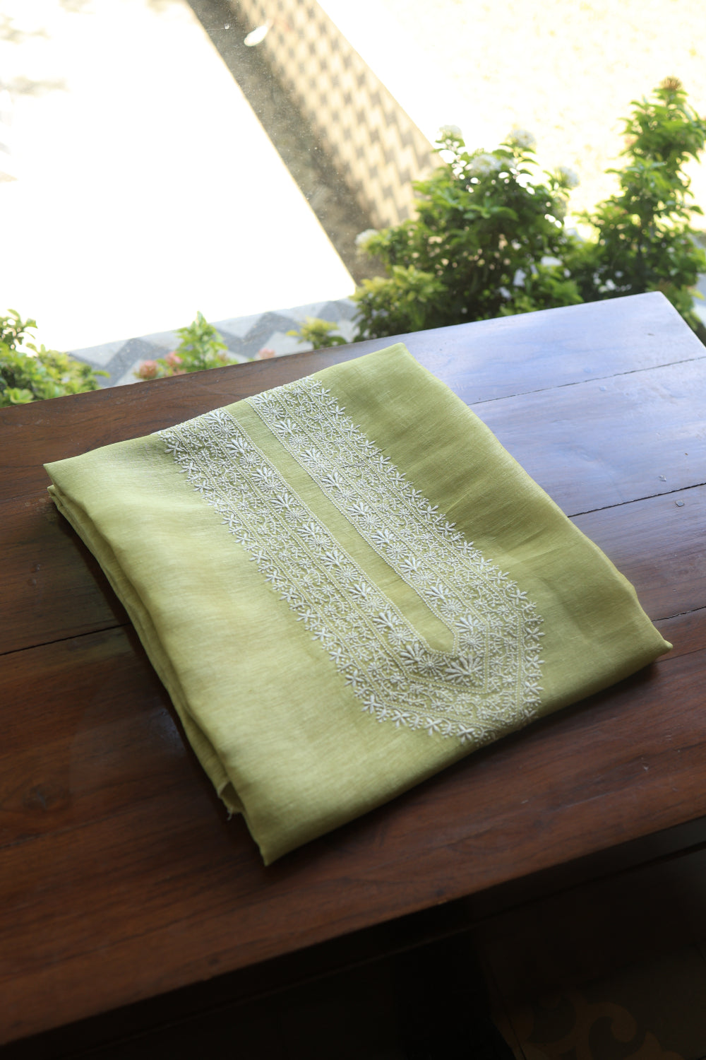 Olive Green Linen Chikankari Unstitched Men's Kurtas Fabric