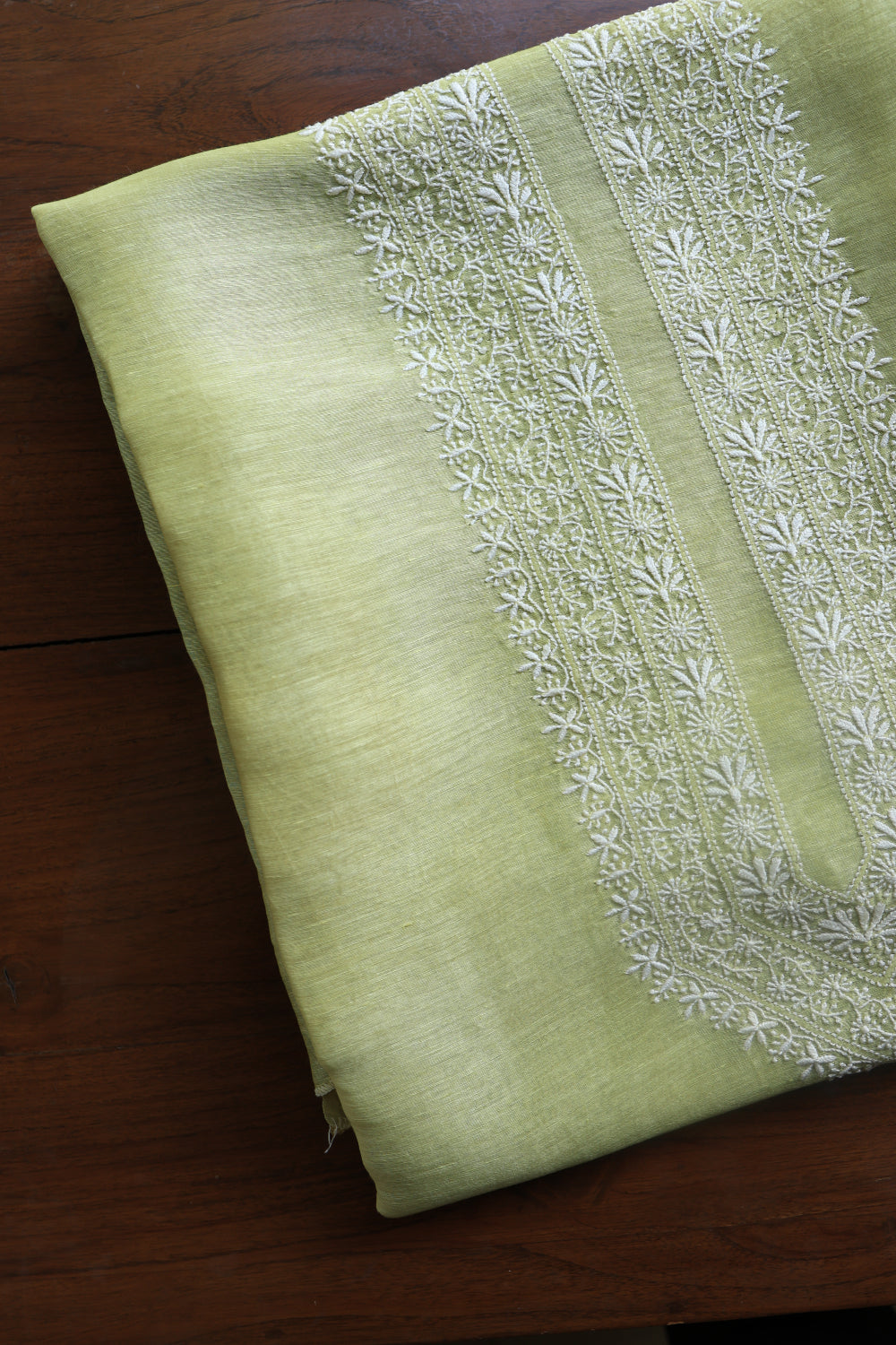 Olive Green Linen Chikankari Unstitched Men's Kurtas Fabric