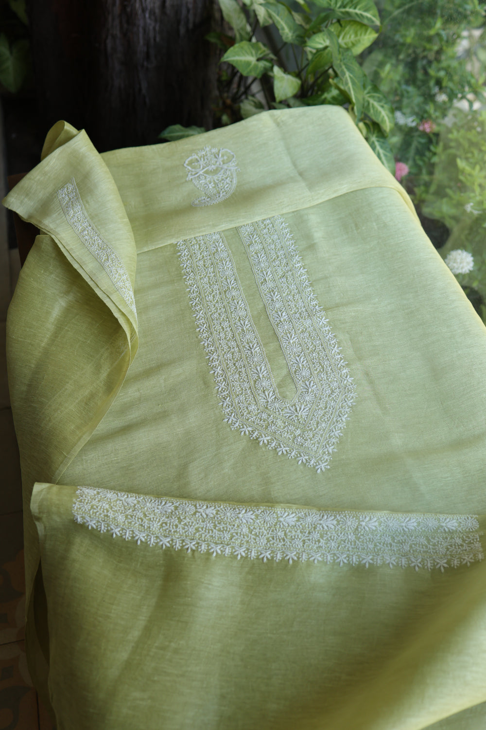 Olive Green Linen Chikankari Unstitched Men's Kurtas Fabric