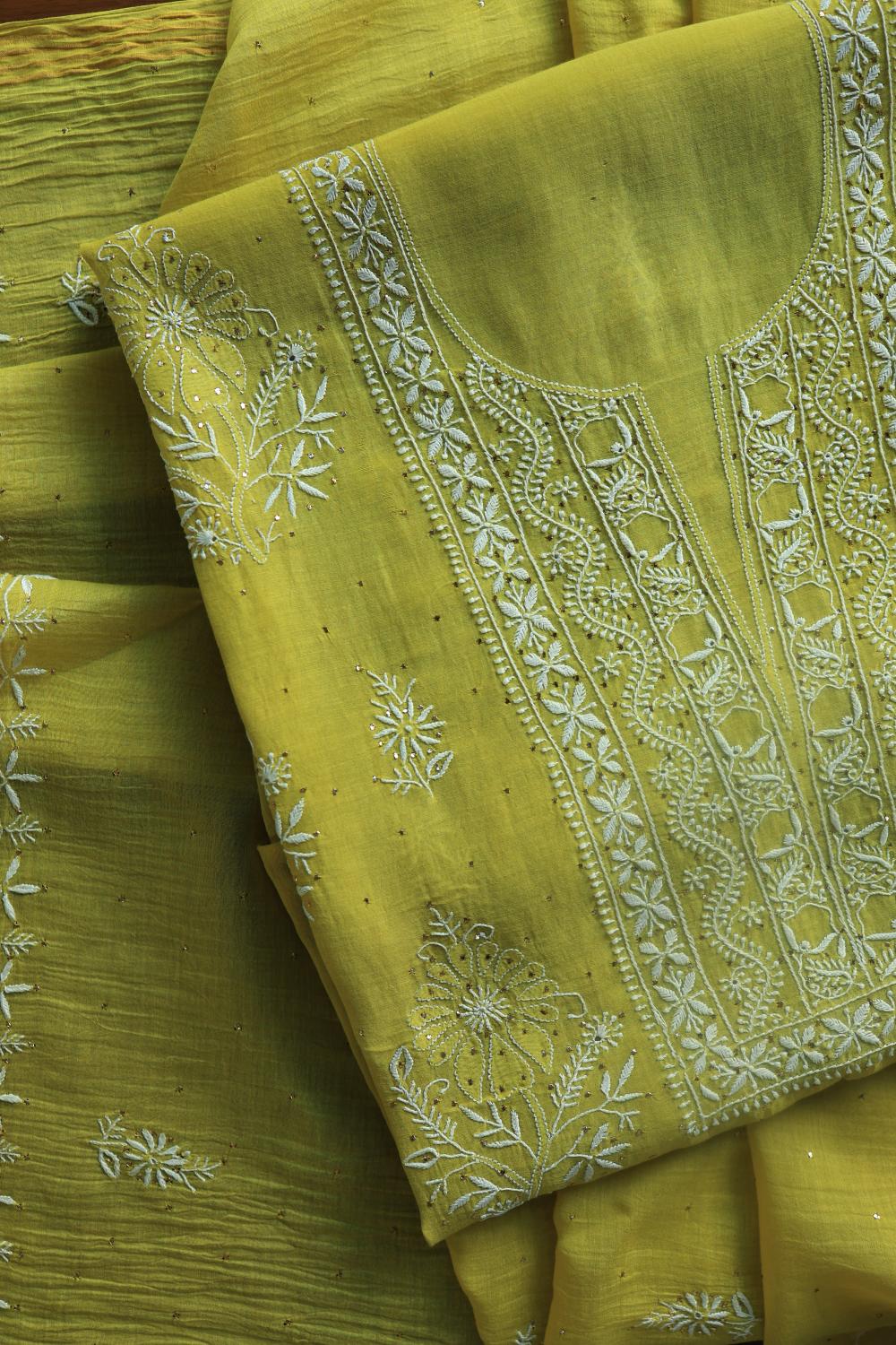 Olive Green Mal Cotton Fine Chikankari With Kamdani Work Unstitched Fabric