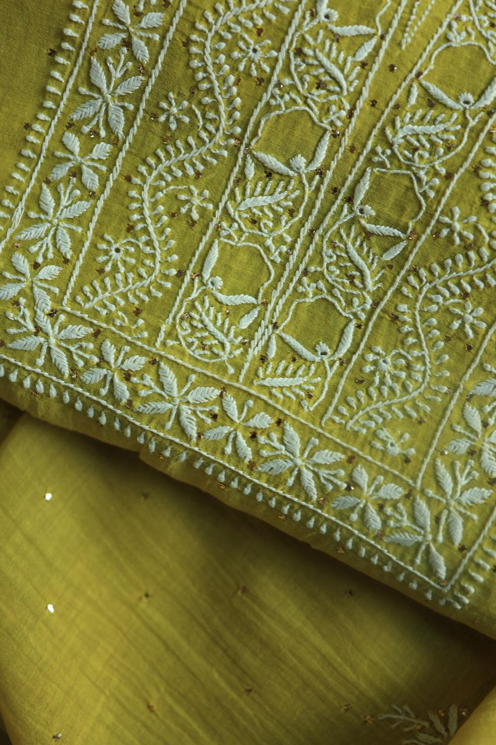 Olive Green Mal Cotton Fine Chikankari With Kamdani Work Unstitched Fabric