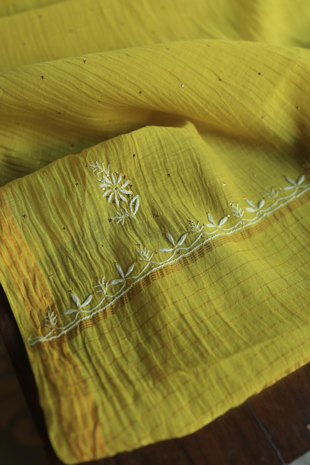 Olive Green Mal Cotton Fine Chikankari With Kamdani Work Unstitched Fabric