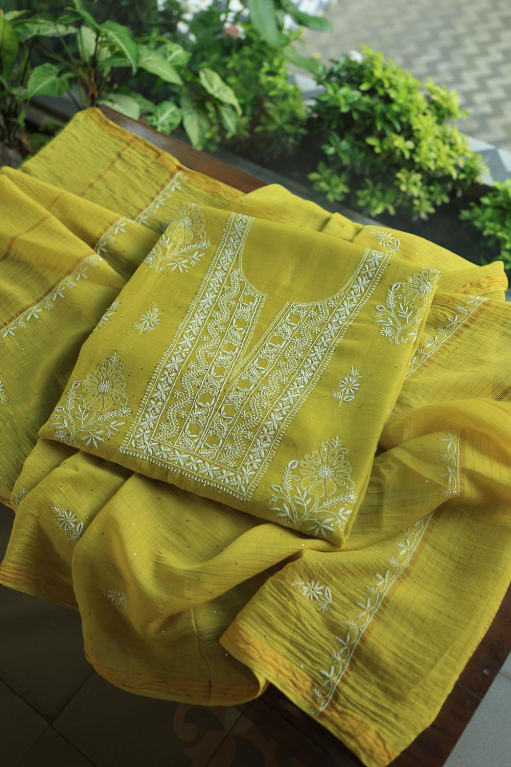 Olive Green Mal Cotton Fine Chikankari With Kamdani Work Unstitched Fabric